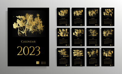 Monthly wall calendar for 2023. Set for 12 months. Stylish black and gold design. Vector illustration.