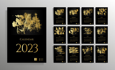 Fototapeta na wymiar Monthly wall calendar for 2023. Set for 12 months. Stylish black and gold design. Vector illustration.