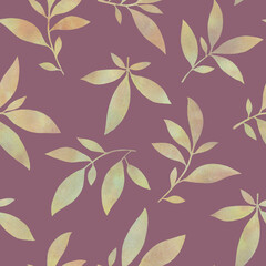 Green leaves in seamless pattern isolated on purple background