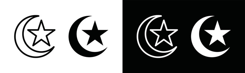 Moon and star icon. Moon stars sign silhouette in flat and outline style, vector illustration