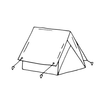recommend clip art: Tourist tent. Camping, hiking, travel. The tent is stretched with a rope tied to wooden pegs in the grass. Doodle. Vector illustration. Hand drawn. Outline.