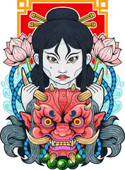 asian girl and oni demon, illustration design