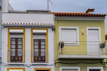 Street view in the heart of Historic Center of Aveiro: typical colorful Portuguese houses. AVEIRO, PORTUGAL. 