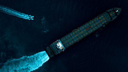 cargo ship test engine system after being repaired in dark sea, photograph over process art style, aerial top view