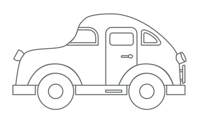 Car Toy for Baby Boy. Vector illustration for Kid design in outline style. Vintage automobile for childish game in black and white colors on isolated background. Drawing of cute machine for icon.