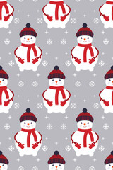 Vector illustration of a snowman in a hat with a decorative frame in an abstract style. Universal artistic template for design, banner, poster, flyer, greeting card, invitation. Pattern..