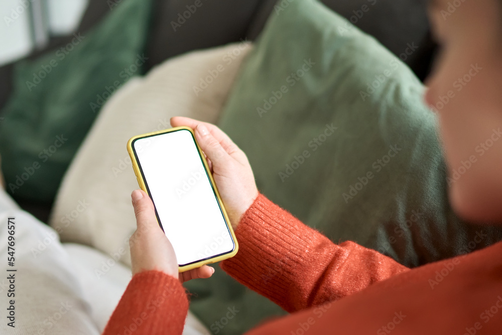 Wall mural over shoulder view of woman holding smartphone with white mock up cellular screen in hands using mob