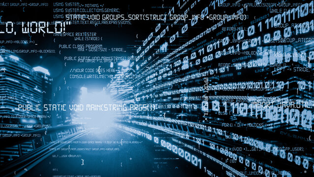 Software development, application programming code and tacit computer coding . Concept of smart digital transformation and technology disruption that changes global trends in new information era .