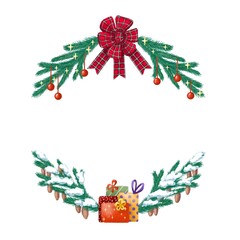 A set of beautiful wreaths with flowers and branches for Christmas invitations and postcards. The symbol of the new year is a fir branch, ribbon, gifts, balls, mistletoe, poinsettia.