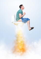 Funny man in a T-shirt and shorts sitting on the toilet flies up like a rocket, leaving smoke and...