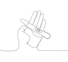 Pregnancy test in the palm of your hand one line art. Continuous line drawing of pregnancy, testing, analysis, ovulation, happy news, positive result, child, motherhood.