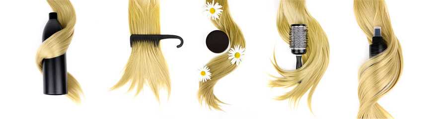 Professional hairdresser's set comb, spray, shampoo and strand of blonde hair on white background,...