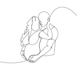 Husband hugging his pregnant wife one line art. Continuous line drawing of pregnancy, motherhood, preparation for childbirth, family, expectation of a child, love, mutual understanding.