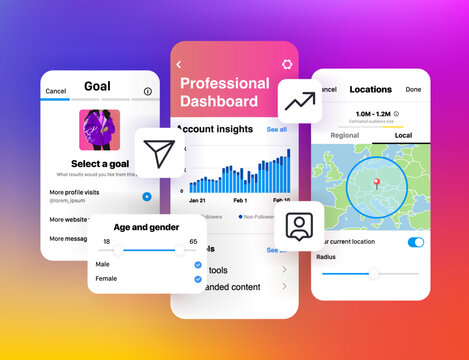 Promotion in social networks concept. Advertising dashboard instagram. Interface social media mobile app. Setup menu account insights