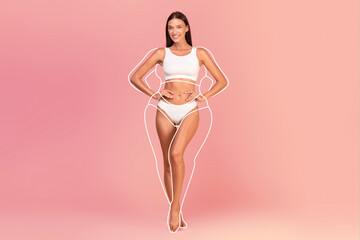 Body Shaping. Beautiful young woman in underwear with drawn silhouette around figure
