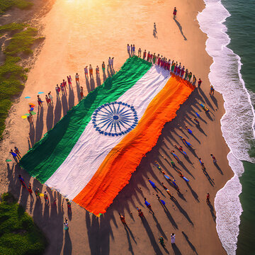 AI generated image of aerial view of a group of people unfurling a very large flag of India at a beach, on the occasion of Independence or Republic day 