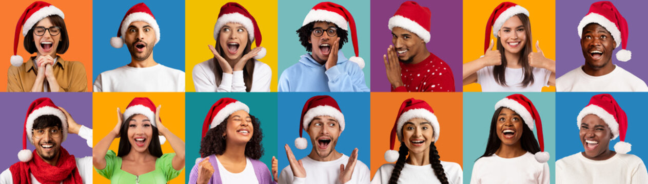 Collage With Happy Young Multiethnic People In Santa Hats Over Colorful Backgrounds