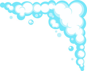 Cartoon soap foam with bubbles. Light blue suds of bath, shampoo, shaving, mousse.