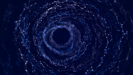 Wireframe tunnel. Abstract space with dots and lines. Perspective mesh background. Network structure. 3d