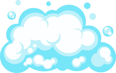 Cartoon soap foam with bubbles. Light blue suds of bath, shampoo, shaving, mousse.