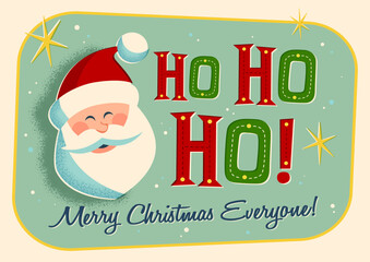 Vintage Merry Christmas greeting card.  Santa Claus Ho Ho Ho! For your print and web messages : postcards, banners, invitations. Vector Illustration.