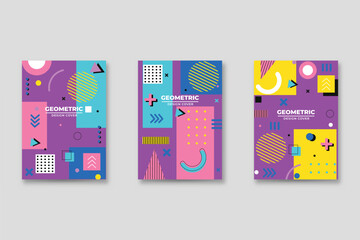 Set of neo Memphis style covers. Collection of cool bright covers. Abstract shapes compositions. Vector.