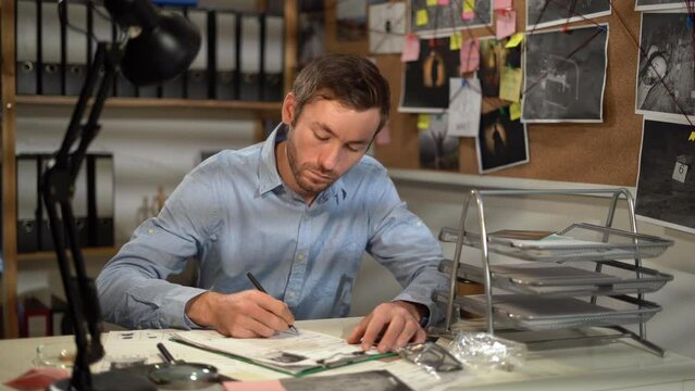 Detective working with evidence at desk in his office