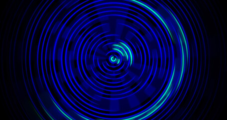 Abstract blurry twitchy torn luminous blue and turquoise lines curving into circles on a black background