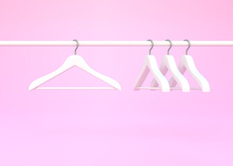 White rack with white clothes hangers isolated on pink background. 3D rendering 3D illustration