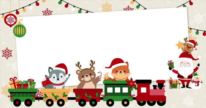 Cute baby animals on a rolling train dressed up for Christmas with rectangular frame, wolf, bear and fox. Template, banner for baby shower, christmas, mailing, invitation, greeting cards&hellip;