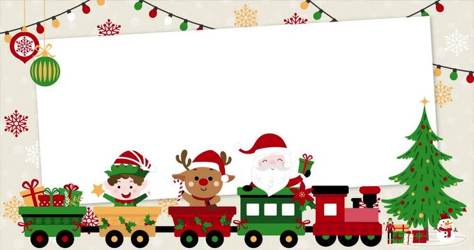 Cute Santa, reindeer and leprechaun on a rolling train dressed up for Christmas with rectangular frame. Template, banner for baby shower, christmas, mailing, invitation, greeting cards&hellip;