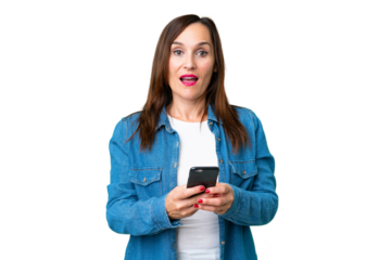 Middle age woman over isolated chroma key background surprised and sending a message