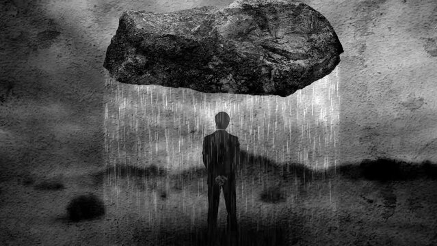 Man Thinking with big Rock Over Hid Head. Surreal Imagination concept. Businessman stands in nature Field with a stone on top and rain landscape with dark shadows. metaphor and contemporary