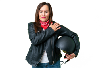 Middle age caucasian woman with a motorcycle helmet over isolated chroma key background suffering from pain in shoulder for having made an effort