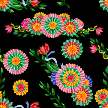 Seamless watercolor pattern. Hand-drawn colored paper fans, flowers in borders and frames on a black background. Cinco de Mayo.Mexican culture