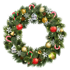 Fototapeta na wymiar Vector Christmas Pine Fluffy Wreath with Christmas Decorations