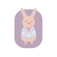 Rabbit with Christmas present. Best for cards, poster and etc. Vector illustration on white background. 