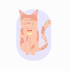 Cat with Christmas lights garland on tail. Best for cards, poster and etc. Vector illustration on white background.  