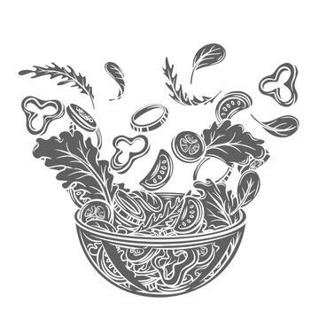 recommend clip art: Vegetable salad glyph icon vector illustration. Silhouette of fresh slices of summer mix vegetables fly over bowl, tomato and pepper pieces, lettuce and onion circles fall into plate with appetizer