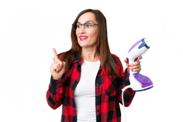 woman holding a vertical steam iron 