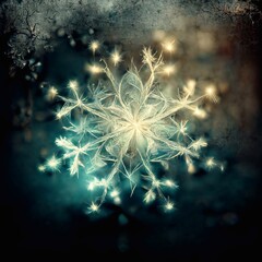 A computer generated organic style snowflake shape glowing against a grunge dirty texture background illustration. A.I. generated art.