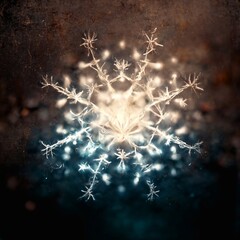 A computer generated organic style snowflake shape glowing against a grunge dirty texture background illustration. A.I. generated art.