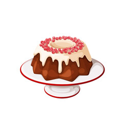 Christmas pudding on plate vector illustration. Cartoon isolated Xmas biscuit with berry fruit and sugar glaze, vanilla sweet bread with sauce from dessert menu for Christmas family dinner at home