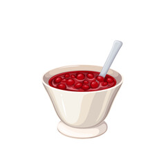Cranberry sauce for Christmas food vector illustration. Cartoon isolated glass cup with red berry dip, sweet and sour condiment for roast meats, fruit jam in gravy boat for serving Christmas dinner