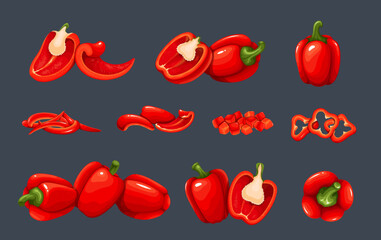 Red pepper set vector illustration. Cartoon isolated whole paprika and cut in half or quarter, chopped pieces of vegetable, bell pepper slices and rings for cooking from healthy vegetarian menu