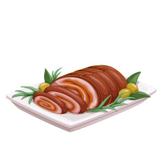 Christmas roulade vector illustration. Cartoon isolated meat roll cut into slices on plate with herbs and olives, baked beef sirloin or pork steak stuffed with spices for eating on Christmas dinner