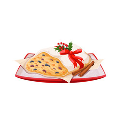 Christmas stollen vector illustration. Cartoon isolated German sweet fruit cake on plate, Christmas fruitcake dessert with sugar glaze, nuts and raisins, holly berry branch and red ribbon decoration