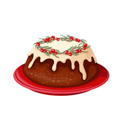 Christmas cake vector illustration. Cartoon isolated round Xmas brown biscuit with berry fruit and sugar cream, icing or souce decoration, fruitcake on plate, dessert cooking for Christmas dinner