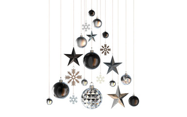 abstract christmastree in shades of black and silver structures stars snowflakes baubles hanging from above  isolated 3D Rendering