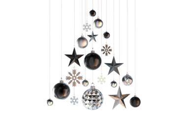 abstract christmastree in shades of black and silver structures stars snowflakes baubles hanging from above  isolated 3D Rendering